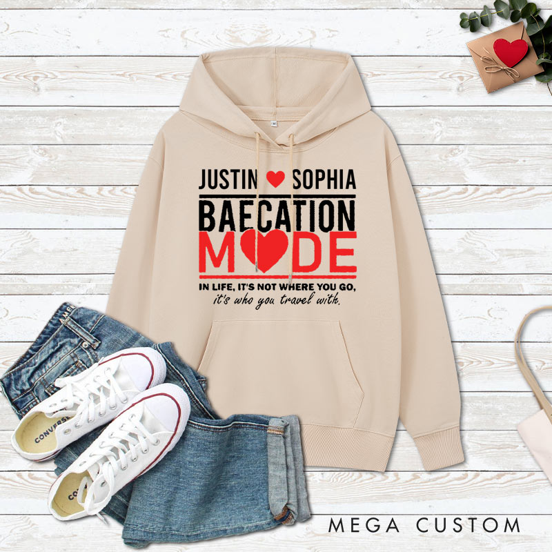 Personalized Couple Baecation Mode with Heart Hoodie Couple Valentine's Day Sweatshirt for Boyfriend Girlfriend Husband Wife