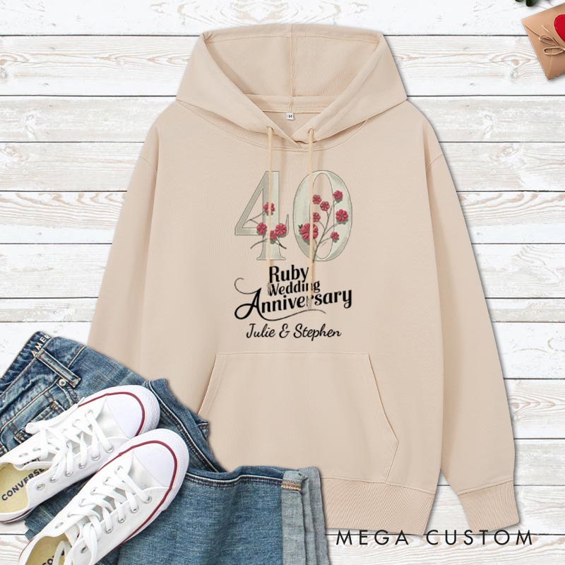 Personalized 40 Ruby Wedding Anniversary Floral Hoodie Husband Wife 40th Anniversary Outfit for Her Him Couple Ruby Wedding Anniversary Hoodie