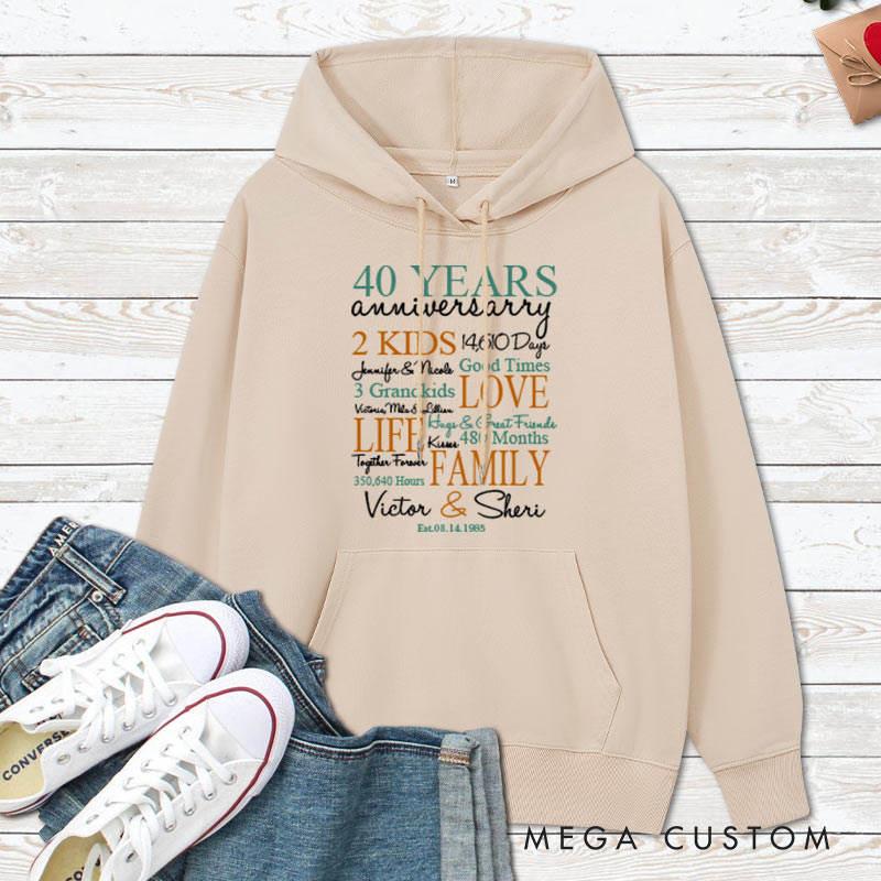Personalized 40 Years Anniversary Life & Family Celebration Hoodie Husband Wife 40th Anniversary Outfit with Family Name for Her Him