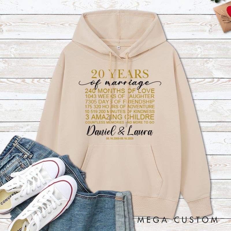 Personalized 20 Years of Marriage Milestone Hoodie 20th Anniversary Outfit for Husband Wife Couple Anniversary Marriage Milestone Hoodie