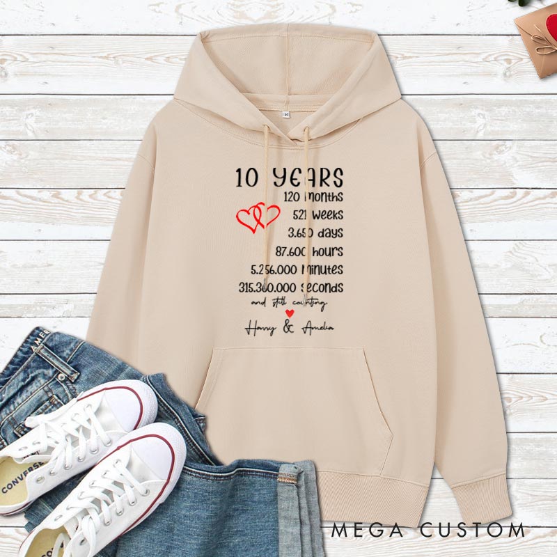 Personalized 10 Years of Love Anniversary Hoodie Couple 10th Anniversary Marriage Milestone Hoodie Wife Husband Wedding Milestone Hoodie