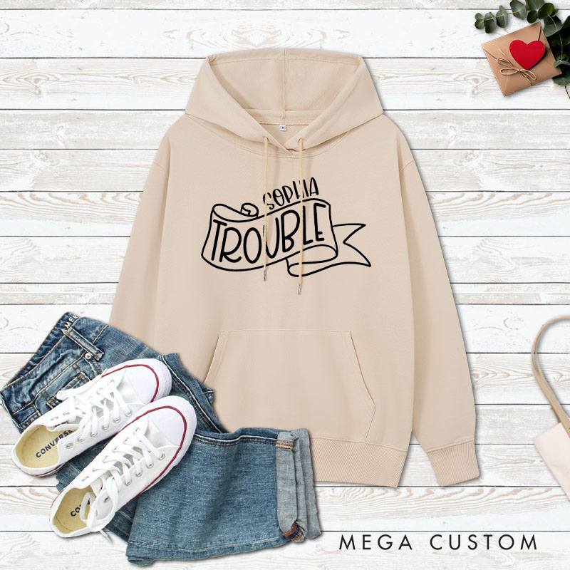 Personalized Couple Double and Trouble Valentine's Day Hoodie with Name Couple Sweatshirt for Boyfriend Girlfriend Husband Wife