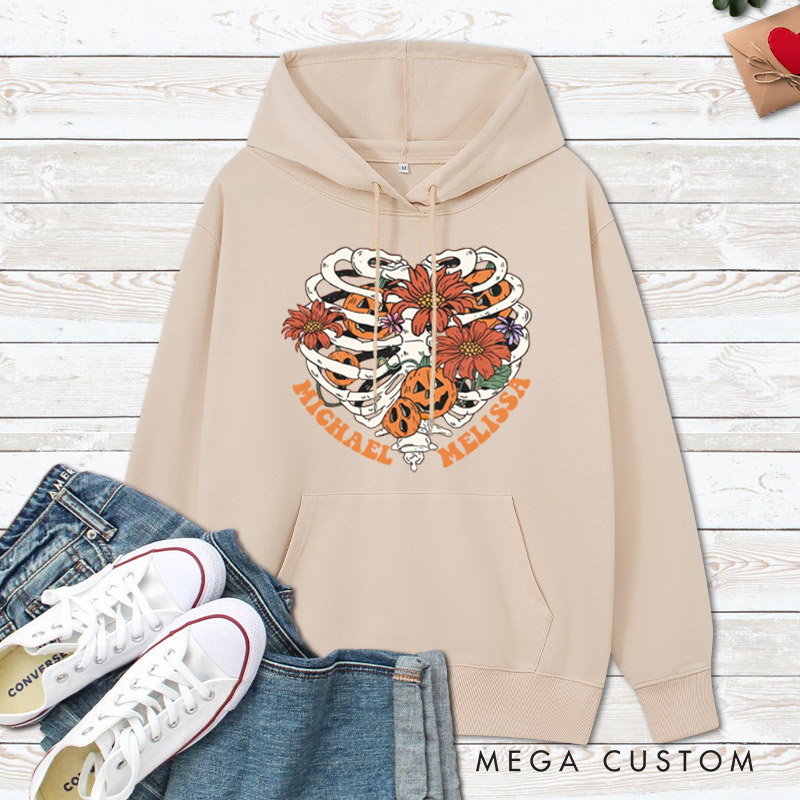Personalized Floral Skeleton Ribcage with Pumpkins Halloween Couple Hoodie