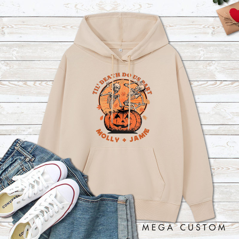 Personalized Til Death Do Us Part Pumpkin Skeleton Couple Halloween Couple Hoodie