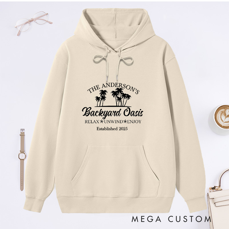 Personalized Hoodie Backyard Oasis Design Custom Family Name and Year Comfortable Christmas Sweatshirt for Housewarming Holiday Gift 