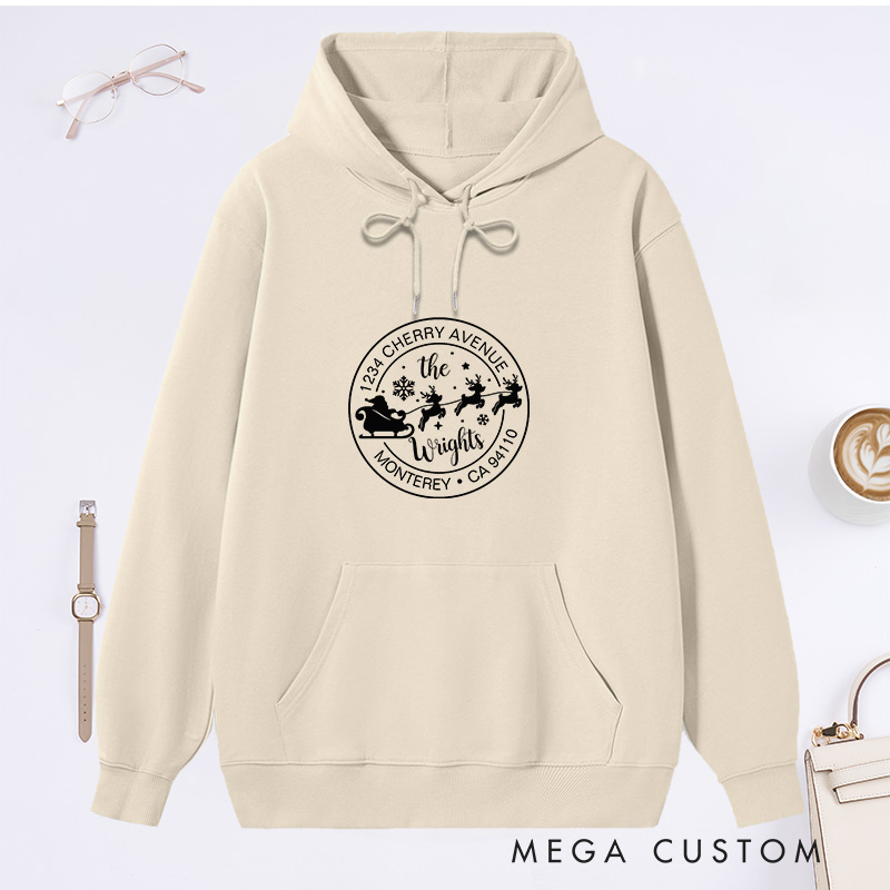 Personalized Family Christmas Name Sweatshirt Santa Sleigh and Reindeer Design Custom Hoodie Housewarming Holiday Gift