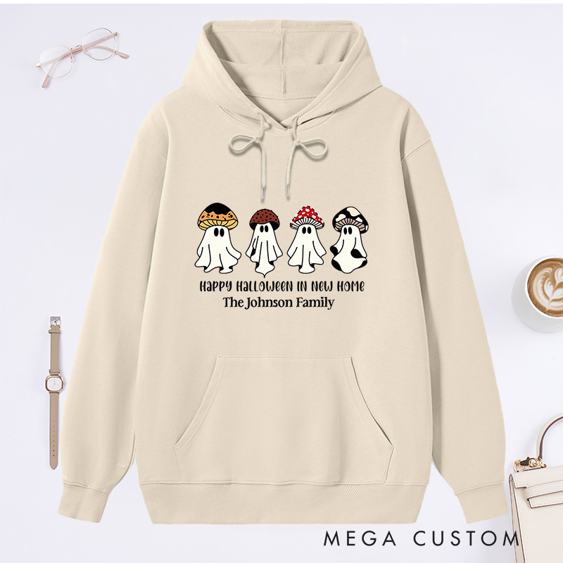 Personalized Hoodie Happy Halloween in New Home Design Custom Family Name Comfortable Sweatshirt for Housewarming Holiday Gift Halloween Theme