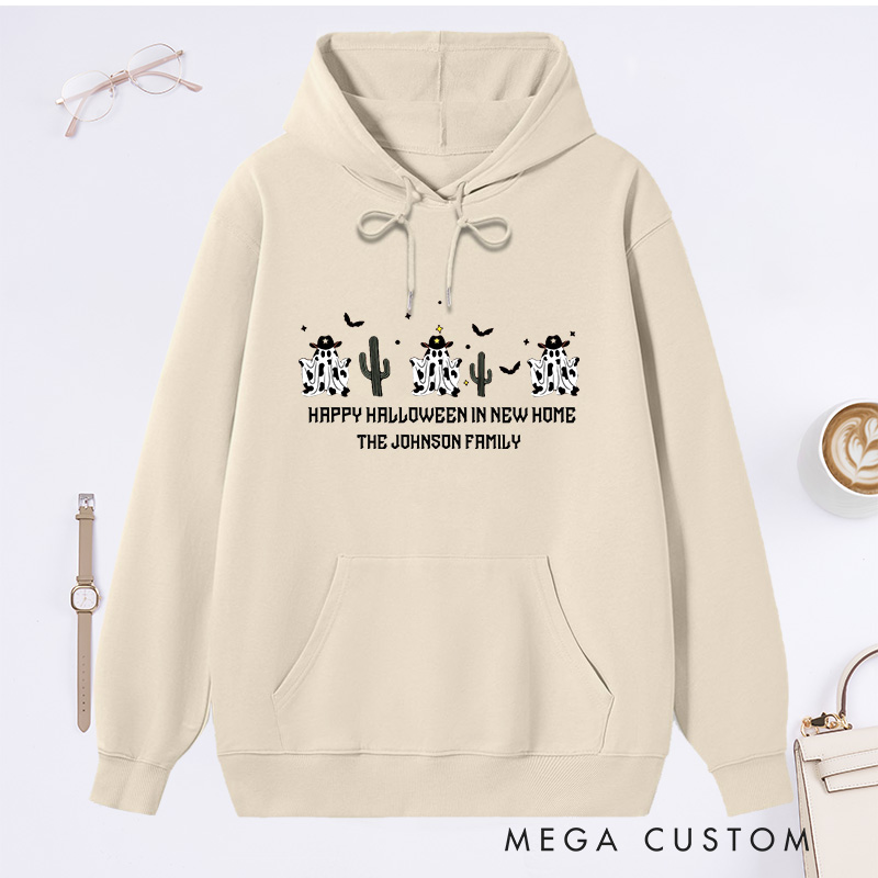 Personalized Hoodie Happy Halloween in New Home Design Custom Family Name Ghost and Cactus Theme Sweatshirt for Housewarming Holiday Gift
