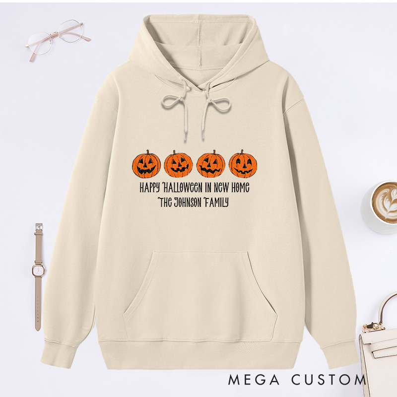 Personalized Hoodie Happy Halloween in New Home Design Custom Family Name Pumpkin Theme Comfortable Sweatshirt for Housewarming Halloween Gift