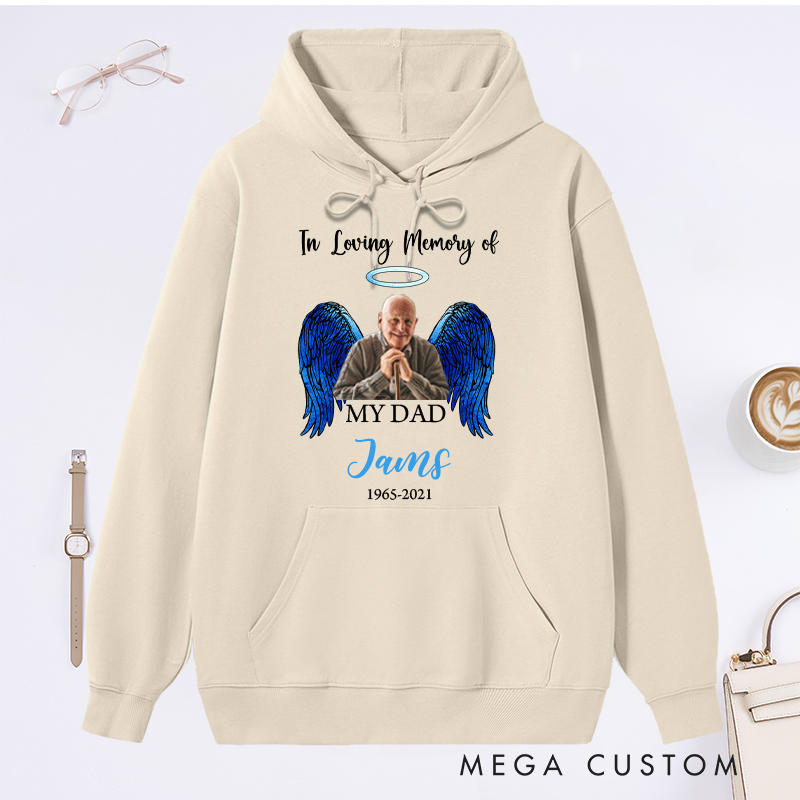 Personalized in Loving Memory Hoodie Custom Photo Name Date Sympathy Gift for Loss of Father Angel Wings Sweatshirt 