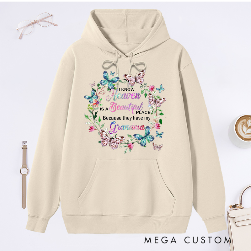 Personalized Heaven Beautiful Place Grandma Hoodie Butterfly Wreath Design Sympathy Gift for Loss of Grandma Tribute