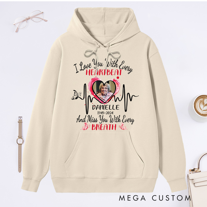Personalized Photo Memorial Hoodie Big Piece of Heart Lives in Heaven Hoodie Gifts for Loss of Dad Mom RIP Sweatshirt Multi Color 