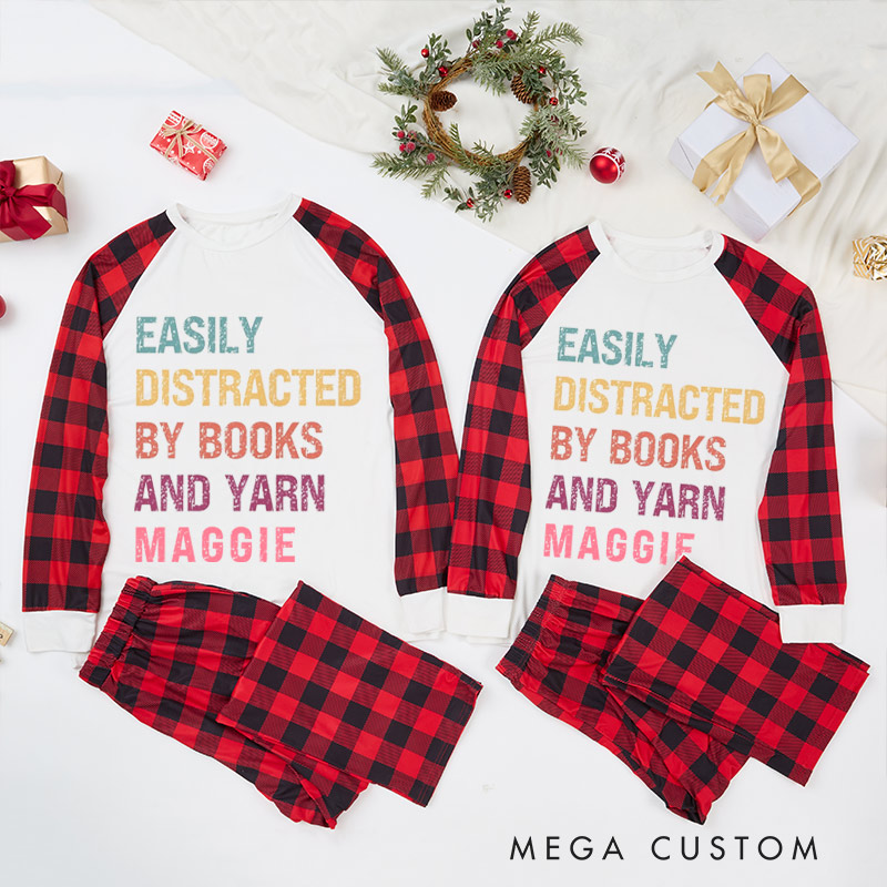 Personalized Knitting Christmas Pajama Sets Funny Christmas Pajama Sets Distracted By Books and Yarn Gift for Knitting Lovers