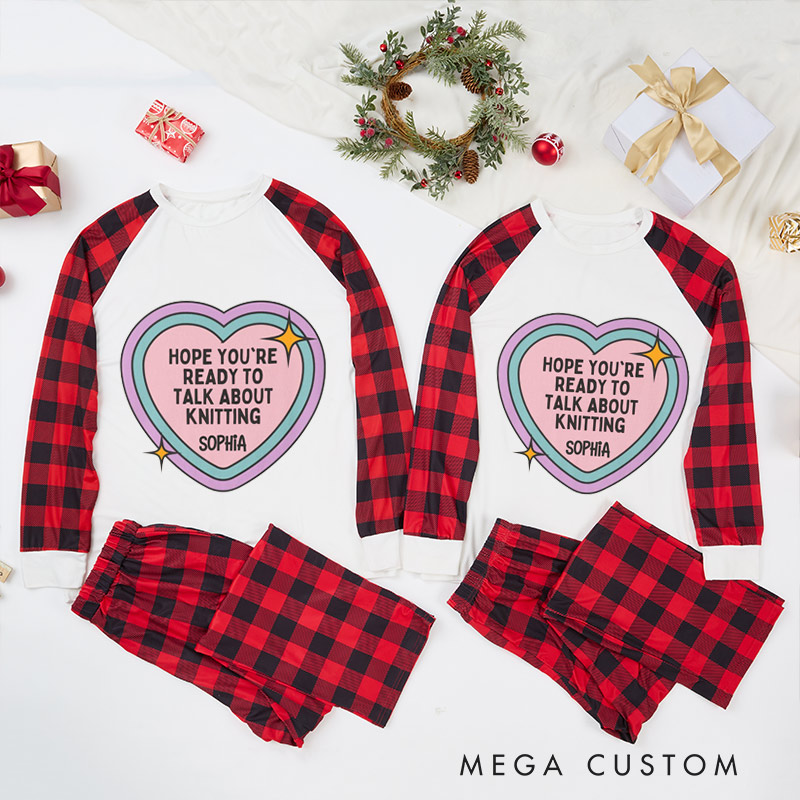Personalized Knitting Christmas Pajama Sets Funny Christmas Pajama Sets Color Gradient Heart Knitting Text Gift for Knitting Lovers