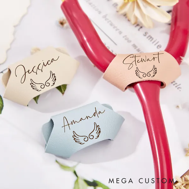 Personalized Leather Engraved Stethoscope Tag Nurse Gifts Angel Wings Stethoscope Id Tags Unique Gifts for Nurse Doctor Graduation