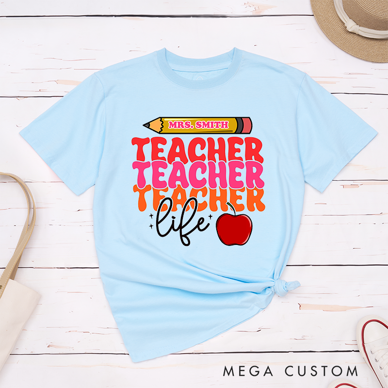Personalized Teacher Life Bold Multicolor Text Design with Heart and Whimsy T-Shirts