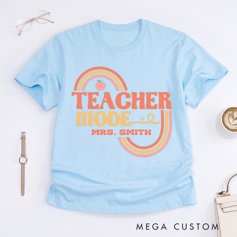 Personalized T-Shirts Teacher Mode Retro Rainbow Shirt Stylish and Fun Gift for Teachers