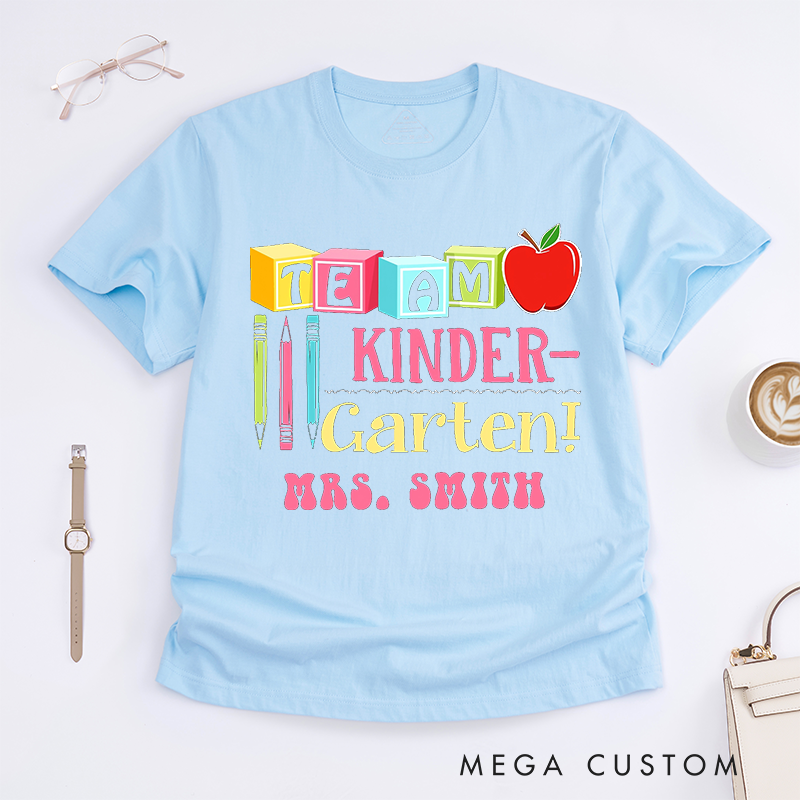 Personalized Teacher T-Shirts Team Kindergarten Colorful Blocks Apple and Pencil Shirt Gift for Teachers