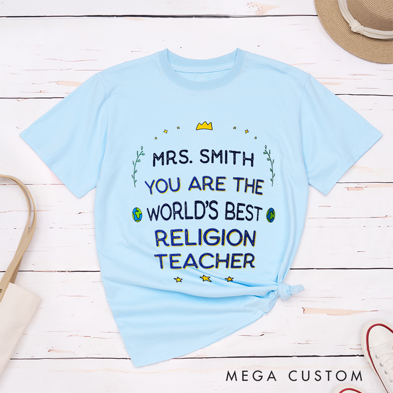 Personalized Teacher T-Shirts You Are the World's Best Religion Teacher Crown and Star Accents Gift for Teachers
