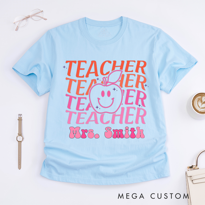 Personalized T-Shirts Smiley Apple Retro Teacher Shirt Gift for Teachers