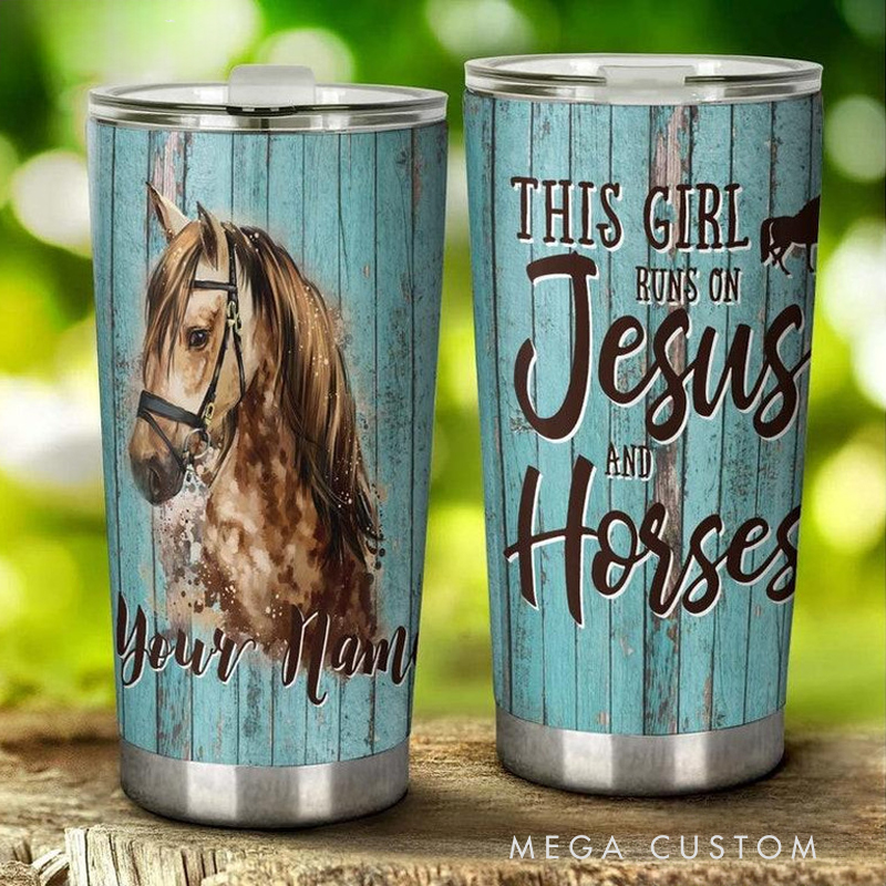 Personalized This Girl Runs On Jesus and Horses 20oz Stainless Steel Tumbler with Name Christmas Gift