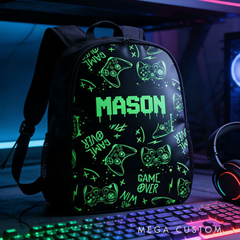 Personalized Graffiti Game Controller Backpack Custom Name for Kids and Game Lovers Birthday Black to School Christmas Gift
