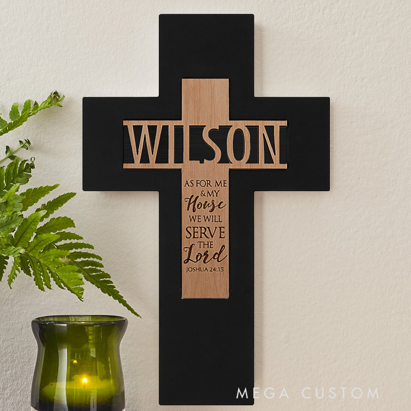 Personalized Our House Serves the Lord Wooden Cross with Name and Wooden Base Home Decor Birthday Gift for Christians