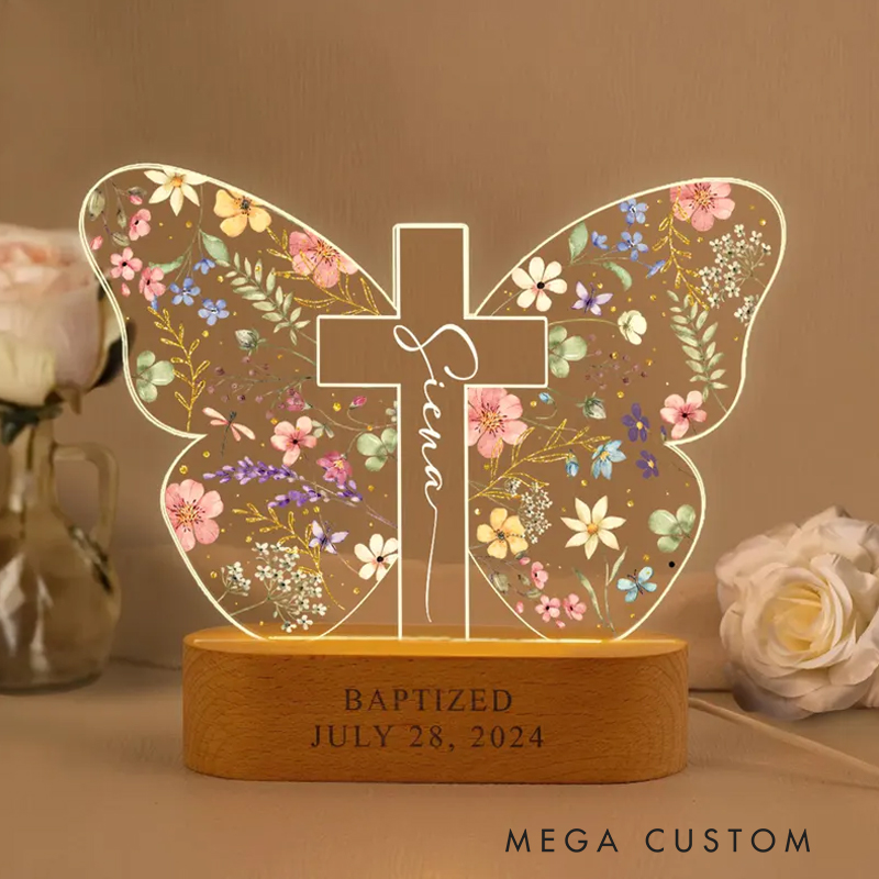 Personalized Butterfly Custom LED Night Light with Wooden Base Home Decor Baptism Gift for Christian