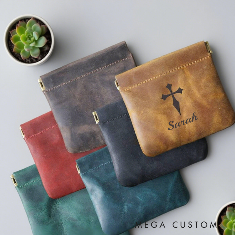 Personalized Leather Rosary Pouch with Name Squeeze Frame Pocket Case Birthday Gift for Christians