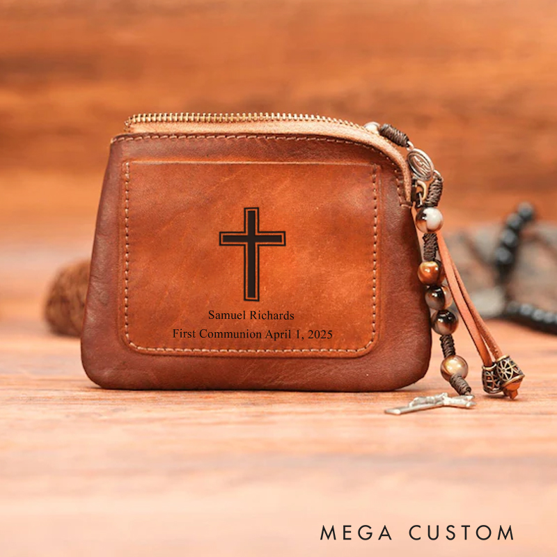 Personalized Cross Leather Rosary Pouch with Name Credit Card Holder Gift for Catholics and Christians Religious Gifts