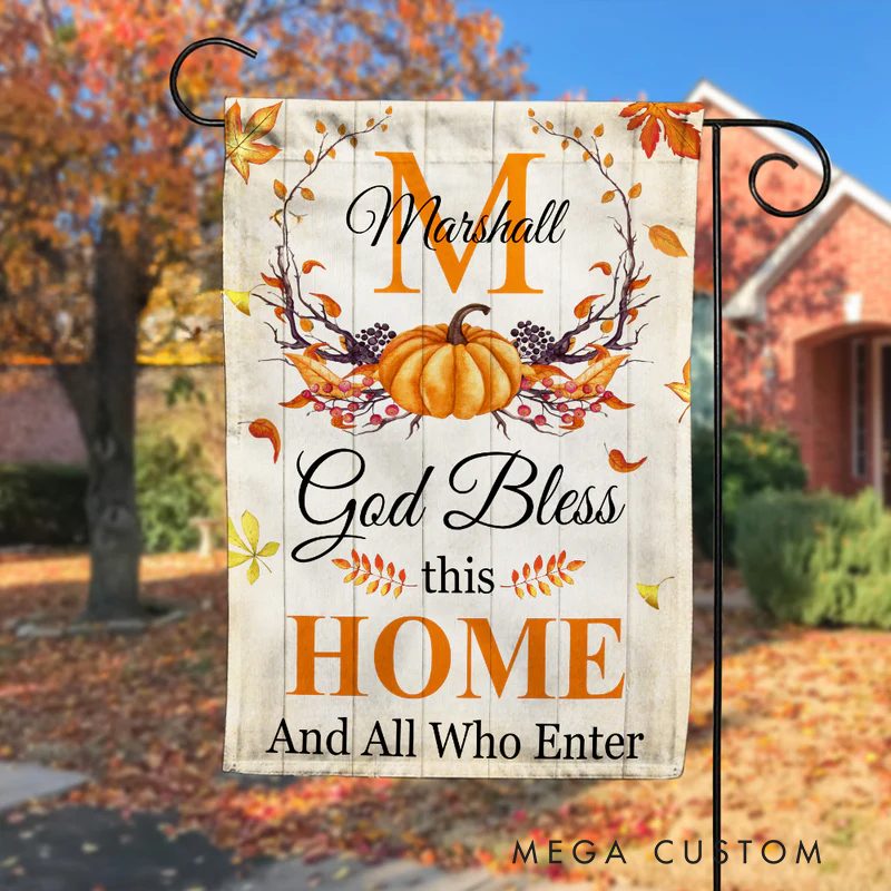 Personalized Thankful Fall God Bless this Home Garden Flag with Text Yard Porch Decor Christmas Religious Gift for Family Christian