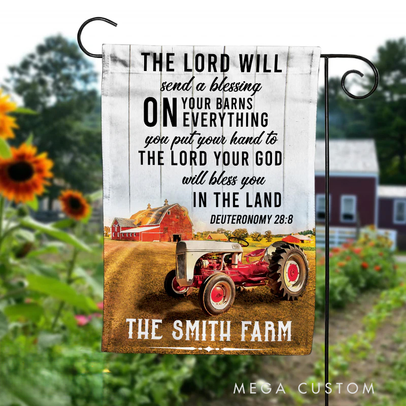 Personalized Farm Tractor God Blessing Garden Flag with Text Yard Porch Decor Christmas Religious Gift for Family Christian