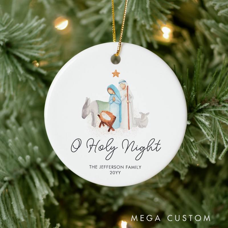 Personalized White Nativity Religious Christmas Ceramic Ornament with Name Church Christening Religious Gift Bible Verse Gifts 