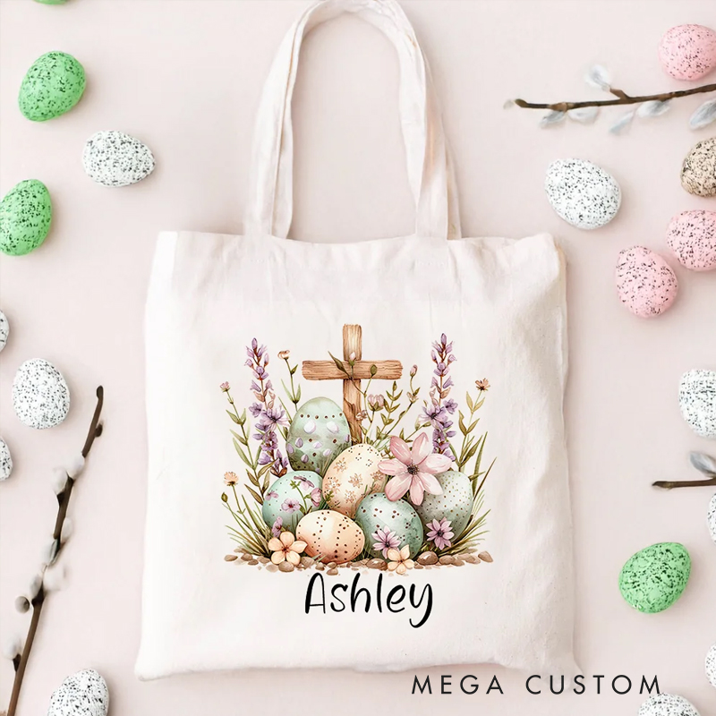 Personalized Floral Cross Easter Eggs Reusable Canvas Bag with Name Birthday Easter Party Gift for Christians