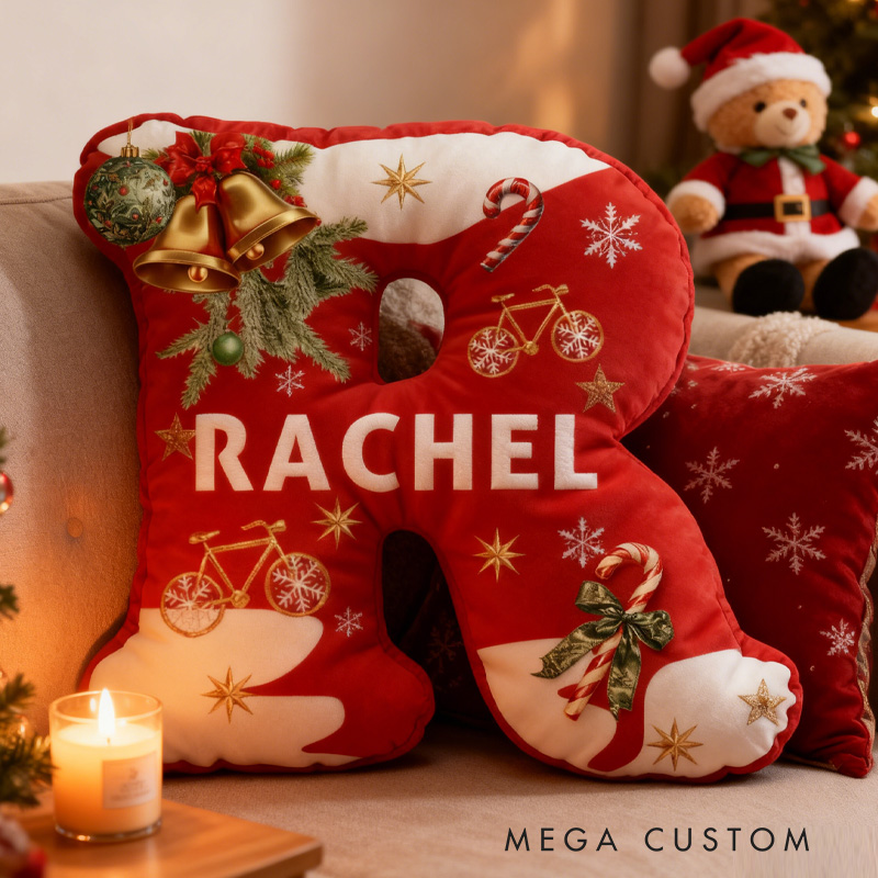 Personalized Red Christmas Letter Pillow Custom Name Festive Decor with Bicycle Snowflake Christmas Gifts for Family Graphic 3D Print Cycling Riding Lovers