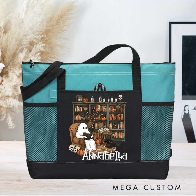 Personalized Retro Ghost Reading Books Tote Bag Book Lover Bag with Name Halloween Bag Halloween Gift Librarian Gift Book Lover Gift