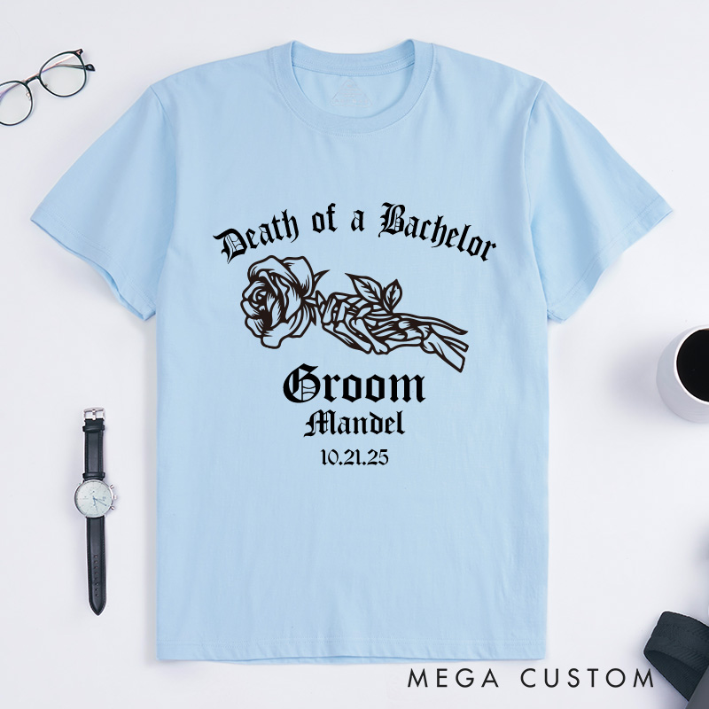 Personalized "Death of a Bachelor" T-Shirt Elegant Gothic Skeleton Rose Designed Groom T-Shirt Bachelor Party Favors Shirt for Him