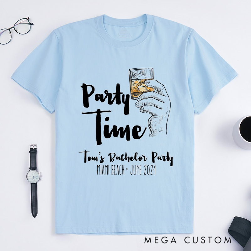 Personalized Party Time Bachelor Party T-Shirt Whiskey Glass Shirt for Groomsman Wedding Party Favors Shirt for Men Best Man Gift