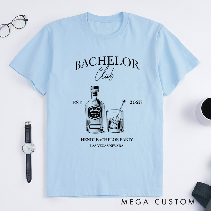 Personalized Groom Bachelor Club T-Shirt Whiskey Bottle & Glass Designed Shirts Groomsman Proposal Gift T-Shirt Wedding Party Favors Top for Best Man
