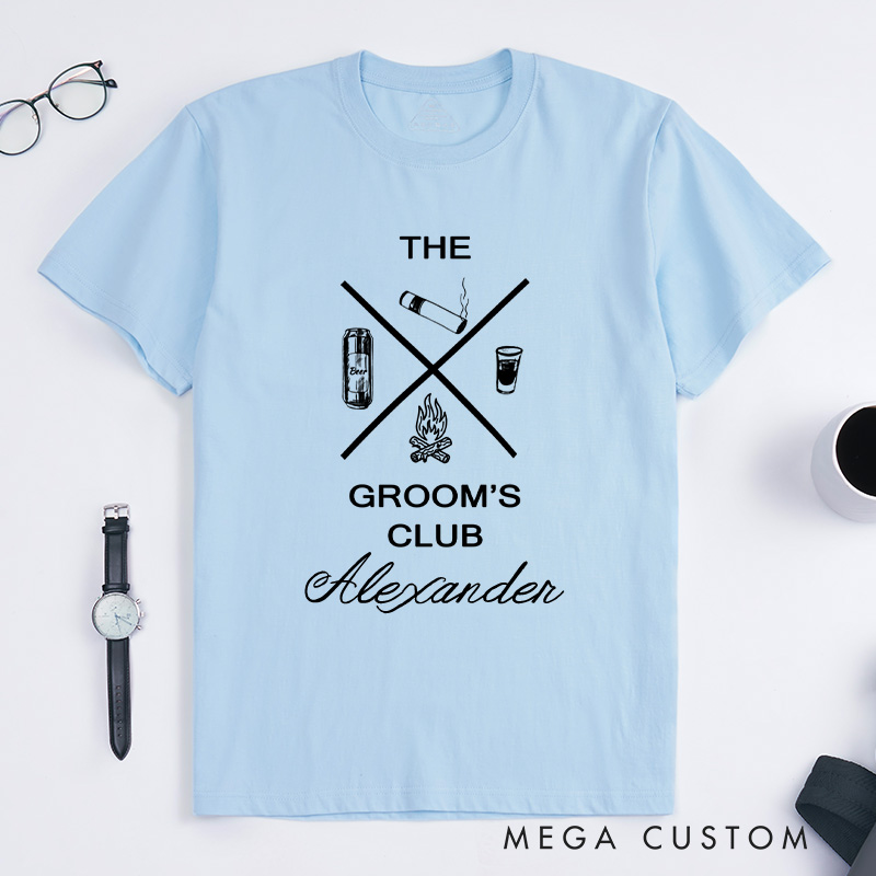 Personalized Rustic Bachelor Party Icon Design Beer Cigars Shots And Campfire Shirt for Groom Crew Wedding Party Favors Shirt for Best Man