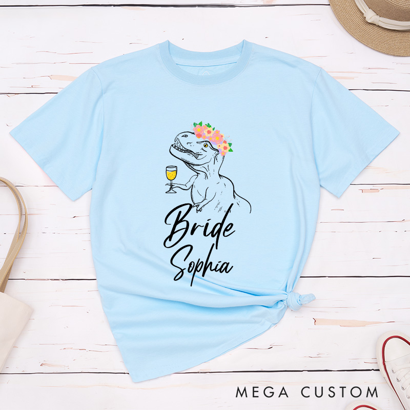 Personalized Bride Floral Crown Dinosaur with Drink Matching T-Shirt Bridesmaid T-Shirt Maid of Honor Wedding Day T-Shirt Bachelorette Party Gift