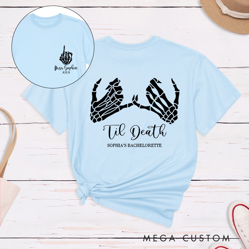 Personalized Funny Bride Skull Hand with Ring Halloween Matching T-Shirt Mrs. Bride ‘Til Death T-Shirt Wedding Bachelorette Party Gift