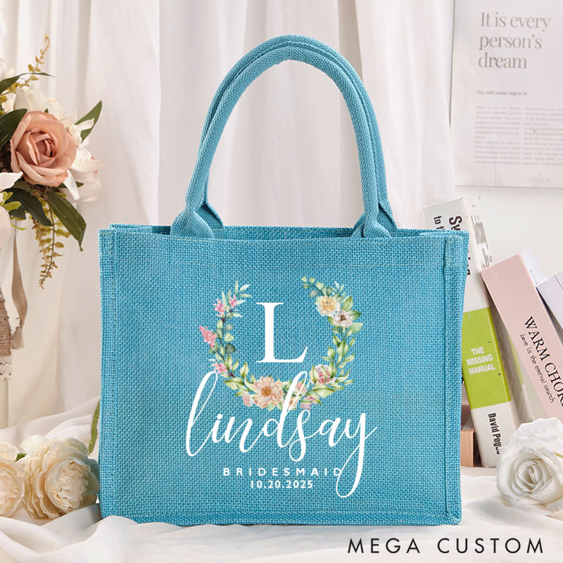 Personalized Bridesmaid Floral Wreath Initials Burlap Tote Bag with Name Maid of Honor Tote Bag