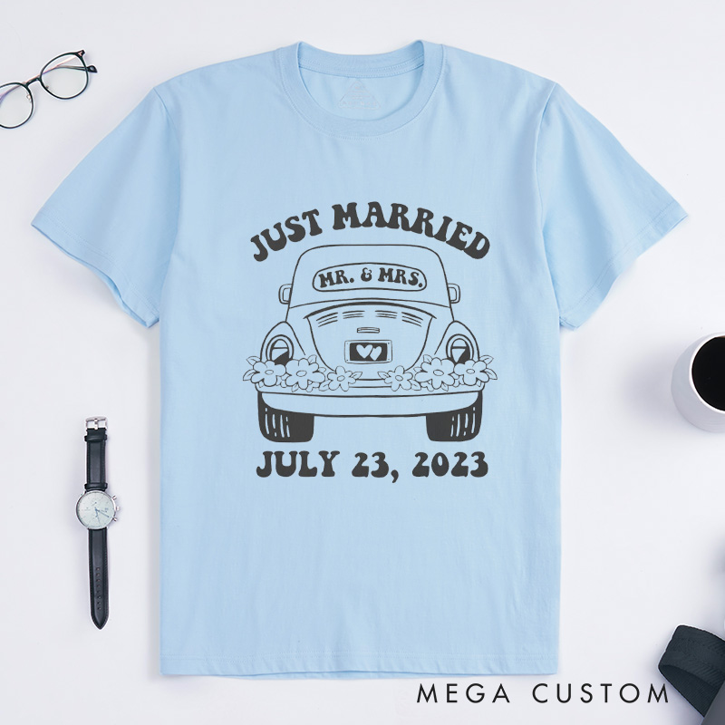 Personalized "Just Married" T-Shirt Couple Wedding Date Anniversary Gift Shirt Wife Husband Tops for Anniversary Gift for Her Him