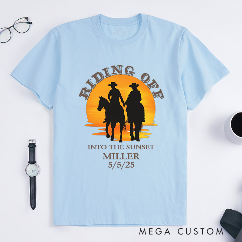 Personalized Riding Off Into the Sunset T-Shirt Custom Couple Wedding Anniversary Shirt Wife Husband Anniversary Gift for Her Him
