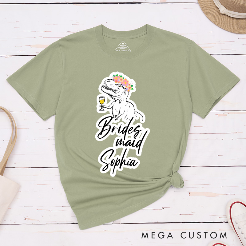 Personalized Bride Floral Crown Dinosaur with Drink Matching T-Shirt Bridesmaid T-Shirt Maid of Honor Wedding Day T-Shirt Bachelorette Party Gift