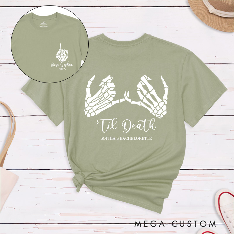 Personalized Funny Bride Skull Hand with Ring Halloween Matching T-Shirt Mrs. Bride ‘Til Death T-Shirt Wedding Bachelorette Party Gift