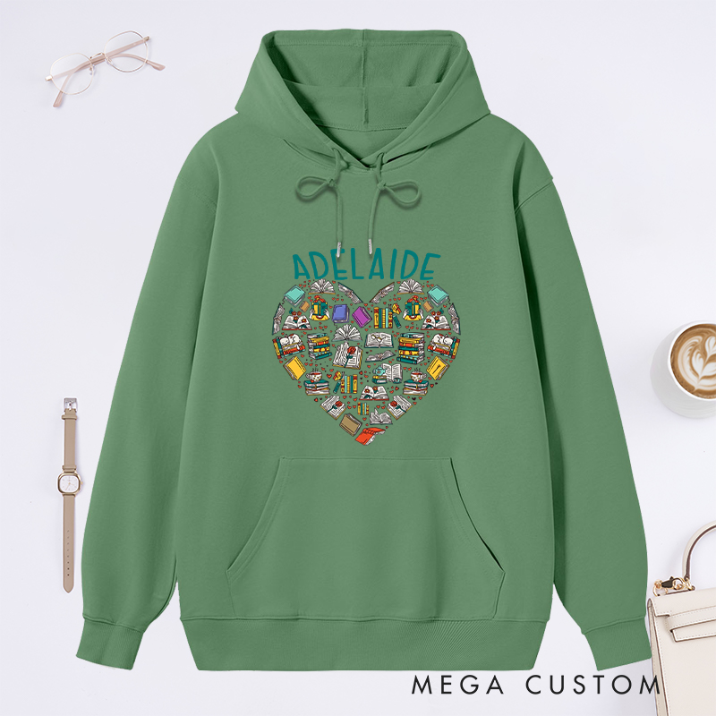 Personalized Books Heart Classic Hoodies Custom Book Lover Hoodies with Name Reading Hoodies Librarian Gift Book Lover Gift for Reader