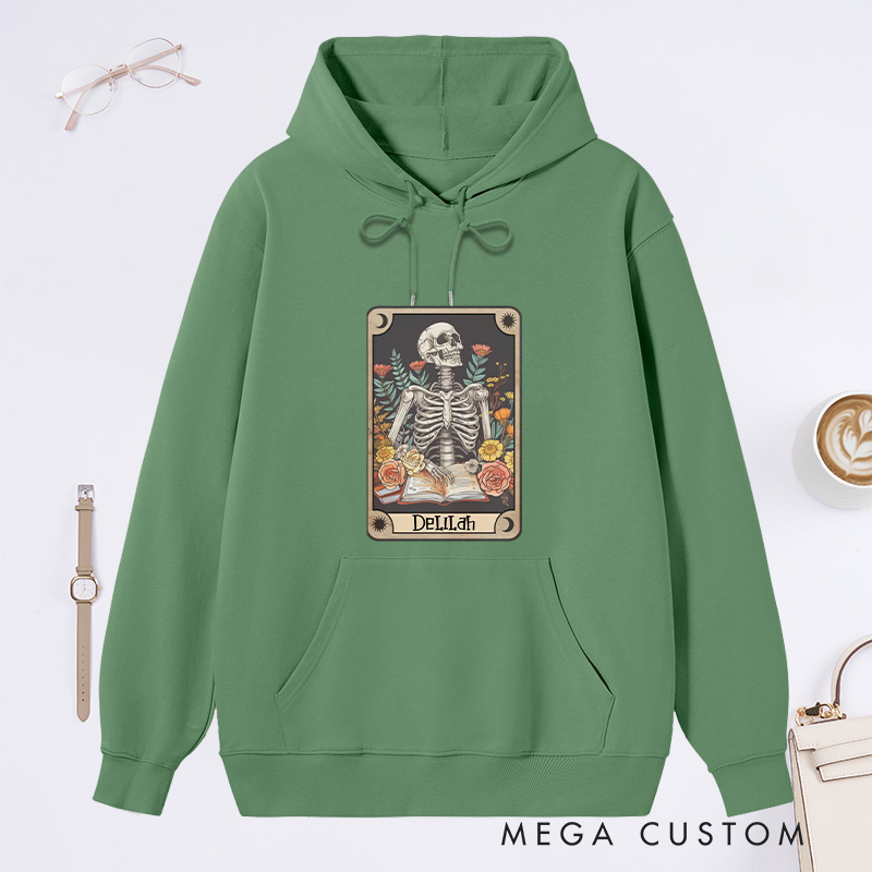 Personalized The Reader Tarot Card Classic Hoodies Skeleton Reading Hoodies Custom Bookish Hoodies with Name Librarian Gift Book Lover Gift