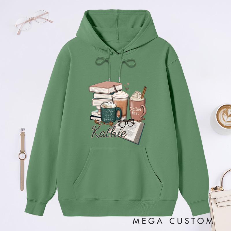 Personalized Coffee and Books Classic Hoodies Custom Book Lover Hoodies with Name Librarian Gift Book Lover Gift for Reader Gift